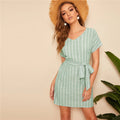 Summer V Neck Vertical Striped Belted Short Sleeve  Women Dresses - SunLify