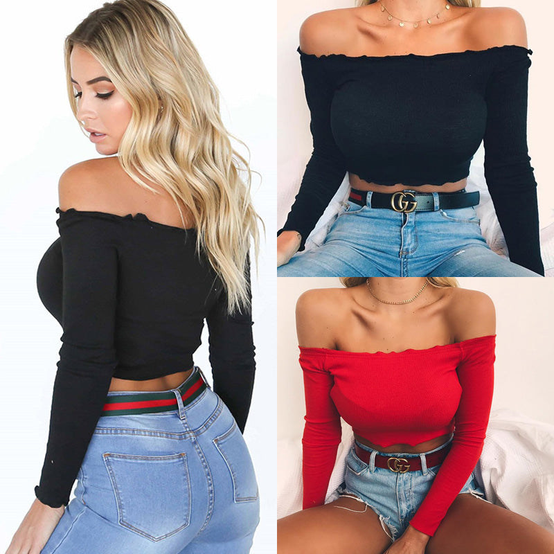 Summer Women Off Shoulder Tank Tops Slim Sleeve Off Shoulder Crop Tops - SunLify