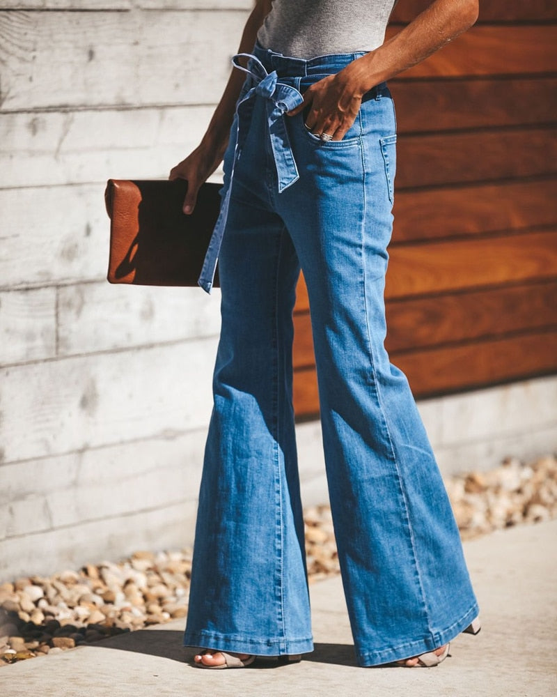 blue Tie Waist Flare Jeans Women Slim Denim Trousers Vintage Clothes  spring High Waist Pants Belted Stretchy wide leg jeans - SunLify