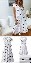 Women Fashion Polka Dot Dress Summer Casual A-Line Party Dresses Sexy V-neck Short Sleeve White Red Long Dress Sashes - SunLify