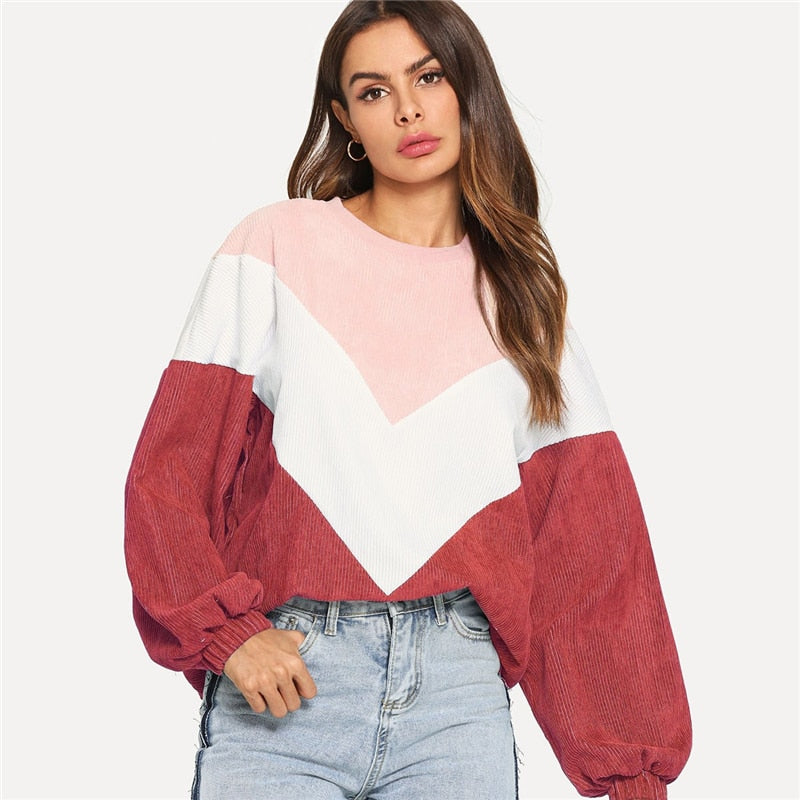 Casual Color Block Sleeve Corduroy Sweatshirt Long Sleeve Pullovers - SunLify