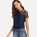 Lace Shoulder Contrast Mesh Top Blouse - SunLify