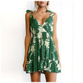 Lossky Summer Women Dress  New Casual A Line Floral Print Sleeveless Lace Up Dress Ladies V Neck Backless Green Mini Dresses - SunLify