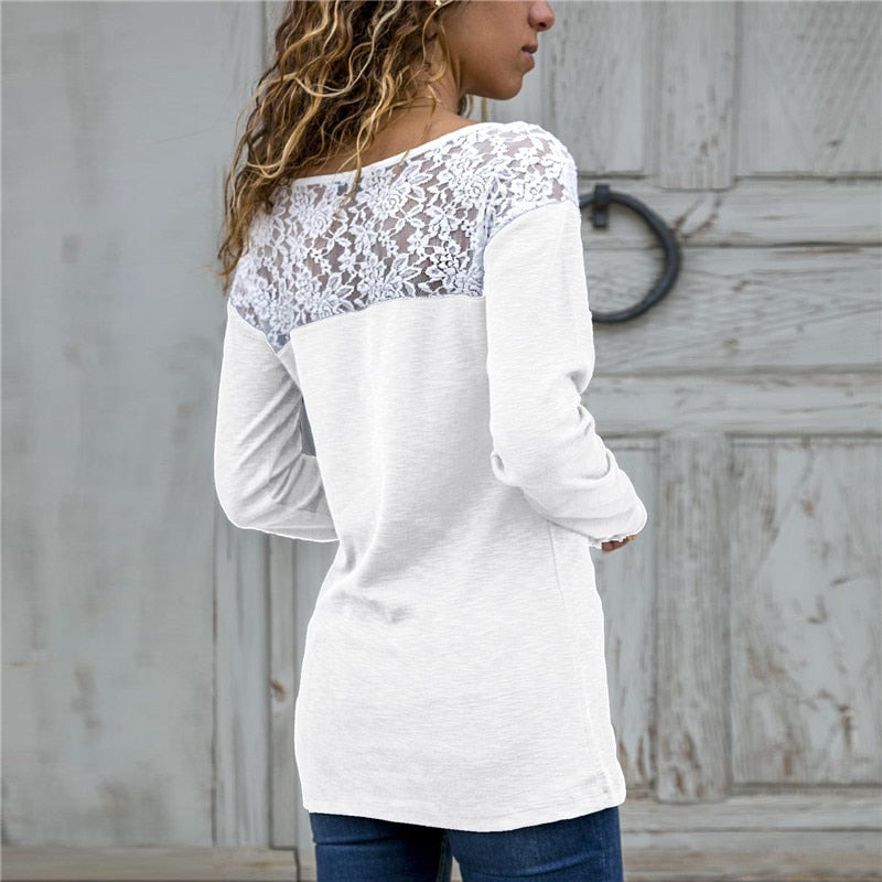 Women Lace Blouse Casual Long Sleeve Tunic O-Neck Patchwork Blouses - SunLify