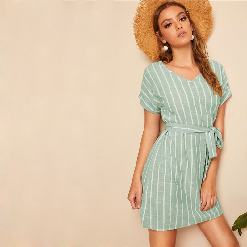 Summer V Neck Vertical Striped Belted Short Sleeve  Women Dresses - SunLify