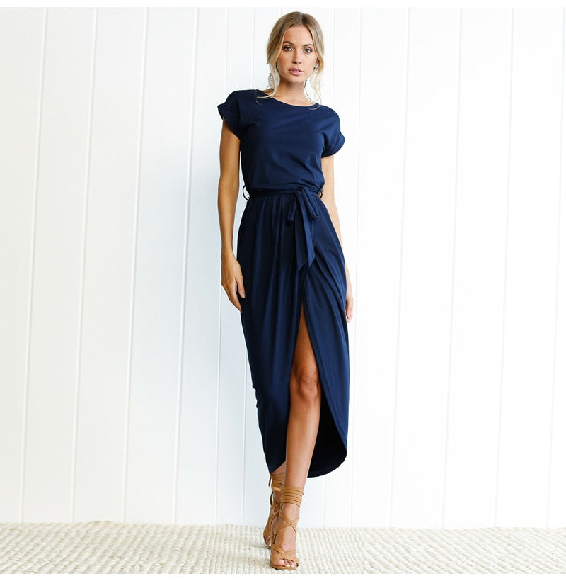 Lossky Summer Dress Female  Short Sleeve Irregular Slit Fashion Short Sleeve O-neck Pullover Bodycon Slim Long Dress Elegant - SunLify