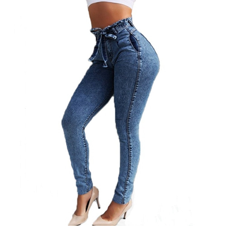 High Waist Jeans For Women Slim Stretch Denim Jean Bodycon Tassel Belt Bandage Skinny Push Up mom jeans ladies boyfriend jeans - SunLify