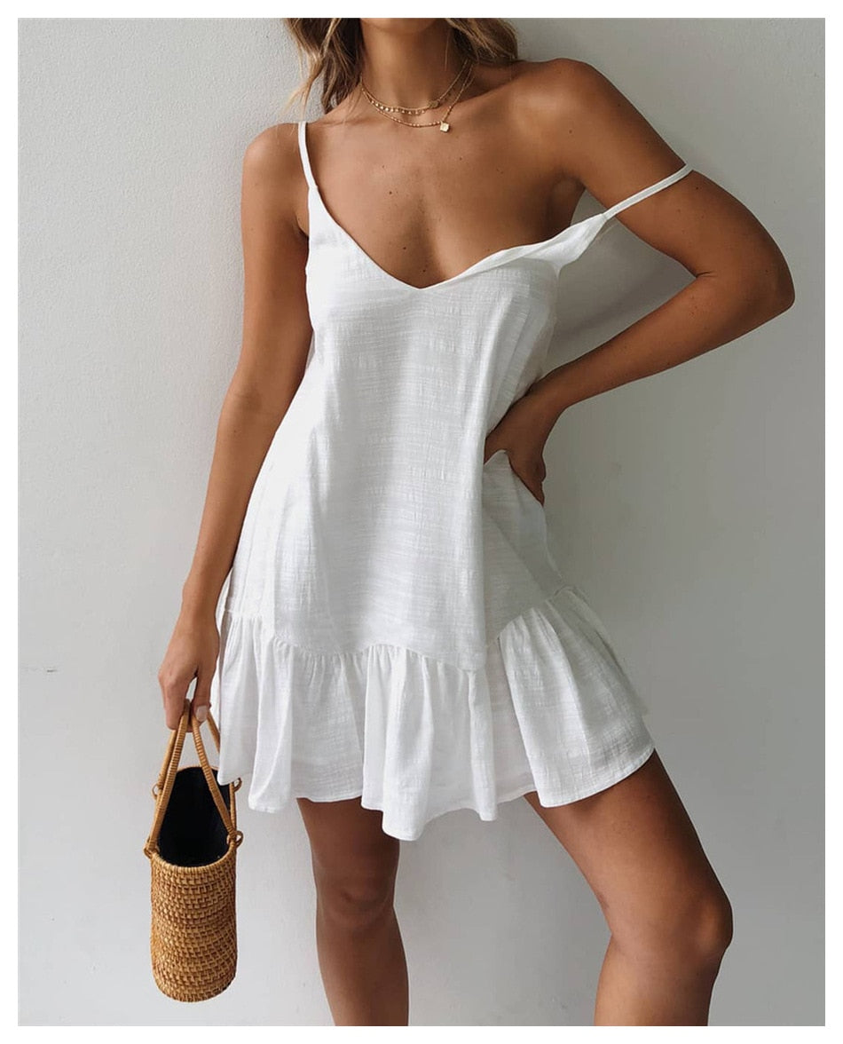 Lossky Loose Summer Dress Cotton Sexy White Halter V-neck Ruffled Women Casual Spaghetti Strap Mini beach clothes for women - SunLify