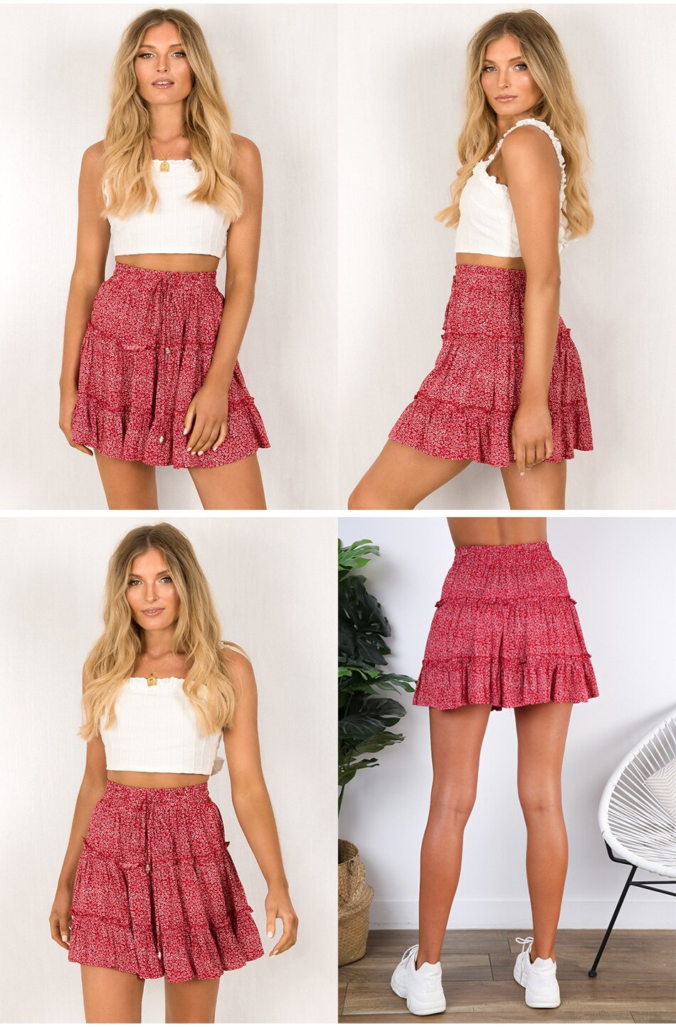 Lossky Skirt Women Floral Print Ruffle Lace-up Pleate Mini Skirt Boho Chi High Waist Short Summer Beach Wooden Ear Skirt Female - SunLify