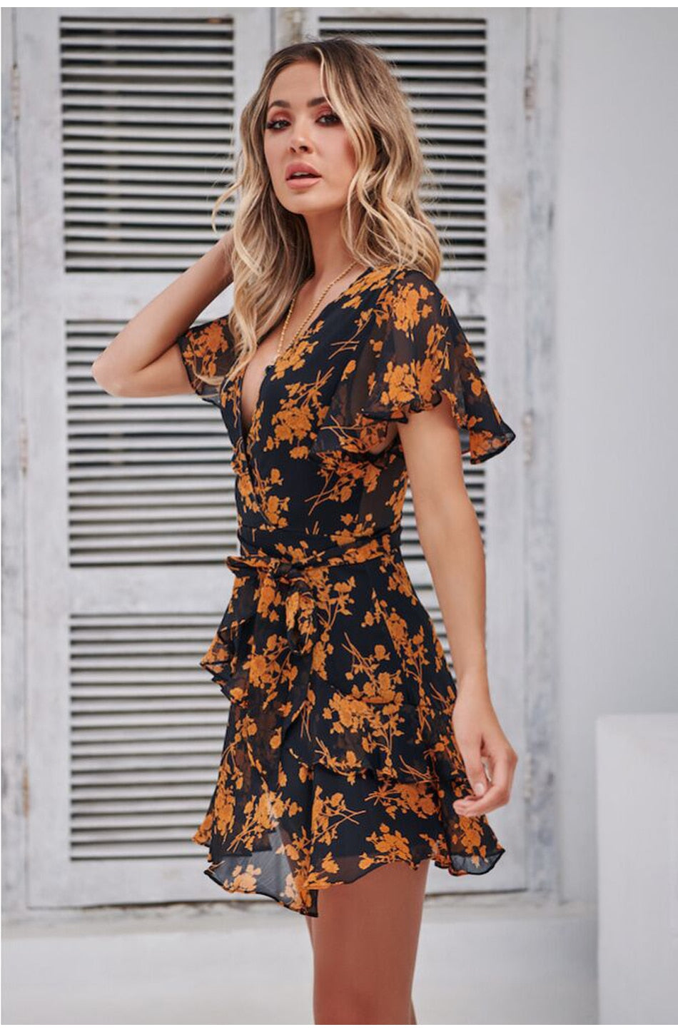 Lossky Women Summer Dress Floral Printed V-neck Short-sleeved Lace-up Short Dresses Mini Butterfly Sleeve Sundress Elegant - SunLify