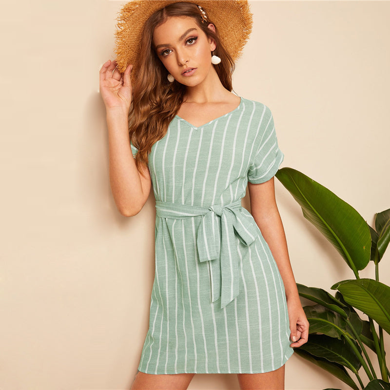 Summer V Neck Vertical Striped Belted Short Sleeve  Women Dresses - SunLify