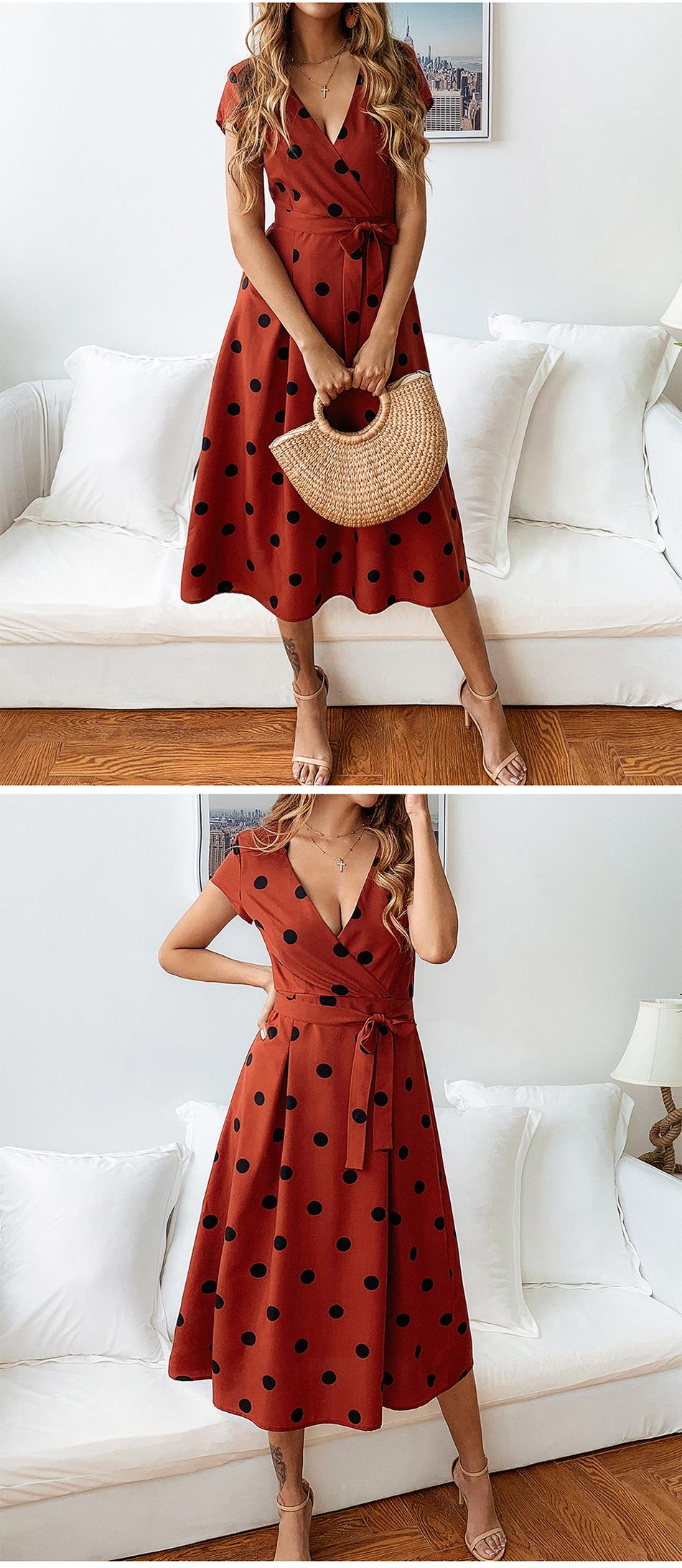 Women Fashion Polka Dot Dress Summer Casual A-Line Party Dresses Sexy V-neck Short Sleeve White Red Long Dress Sashes - SunLify