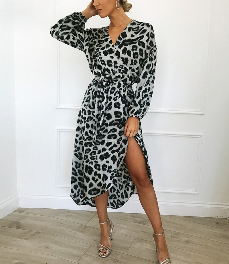 Leopard Dress Women Loose Long Sleeve Deep V-neck A-line Dress - SunLify