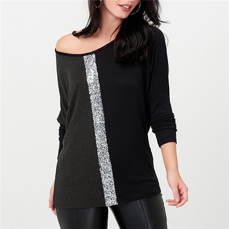 Ladies Tops Off Shoulder Long Sleeve Shirt Sequin Patchwork Tunic - SunLify