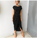 Lossky Summer Dress Female  Short Sleeve Irregular Slit Fashion Short Sleeve O-neck Pullover Bodycon Slim Long Dress Elegant - SunLify