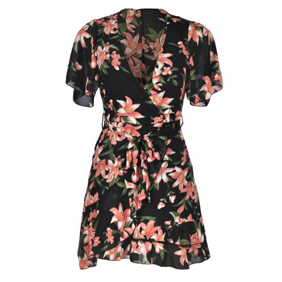 Sexy V Neck Mini Dress Women Floral Short Sleeve Sashes Summer Dresses Tunic High Waist Ladies Sundress Female  Clothing - SunLify