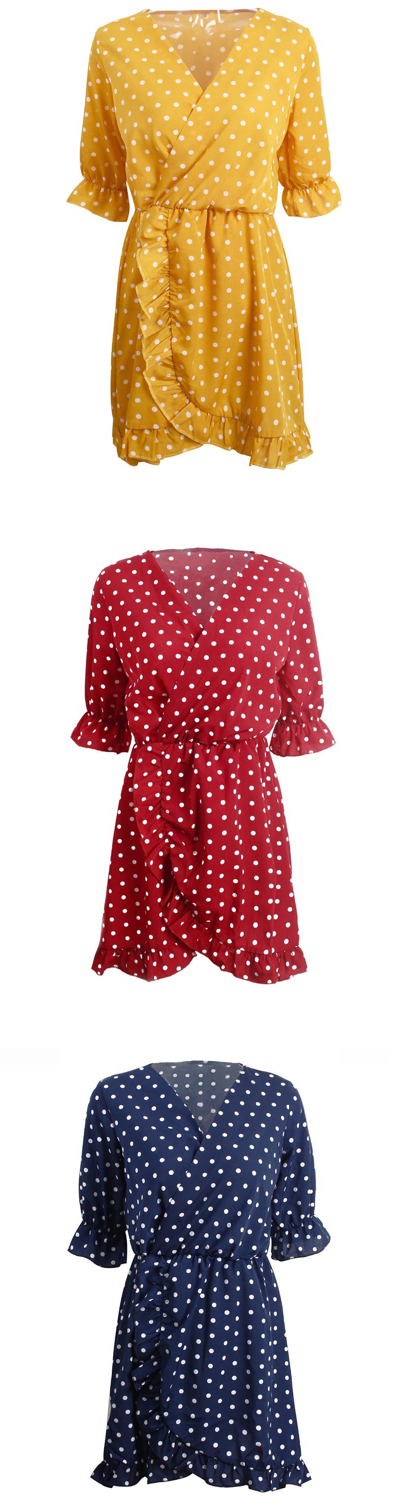 Women Dress Ruffles Print Polka Dot Female Half Sleeve Mini Dresses - SunLify