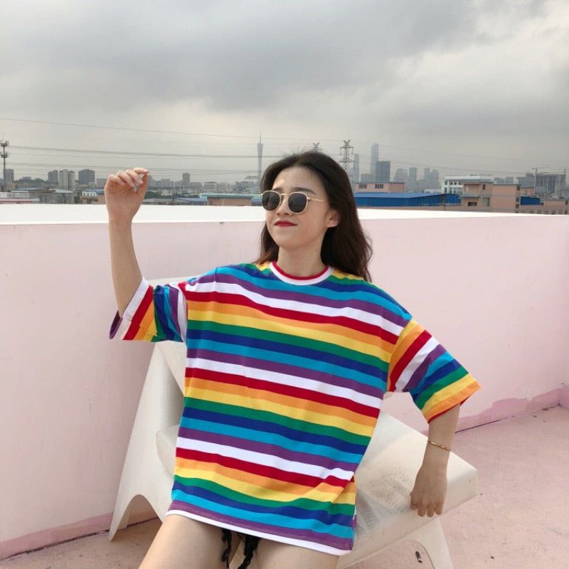 Women Rainbow Striped Tops Summer Short Sleeve Korean Punk T-shirt - SunLify