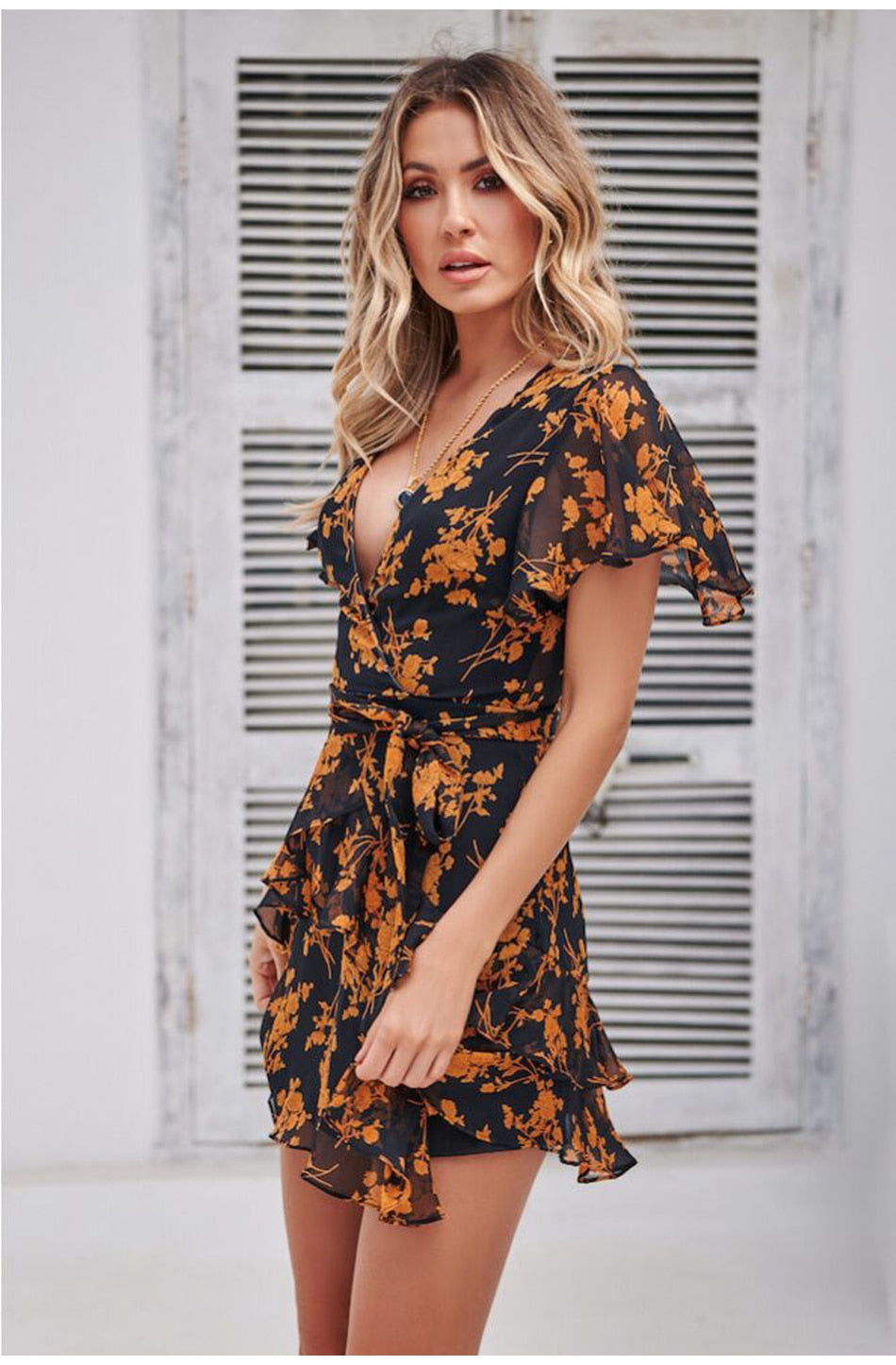 Lossky Women Summer Dress Floral Printed V-neck Short-sleeved Lace-up Short Dresses Mini Butterfly Sleeve Sundress Elegant - SunLify