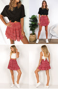 Lossky Skirt Women Floral Print Ruffle Lace-up Pleate Mini Skirt Boho Chi High Waist Short Summer Beach Wooden Ear Skirt Female - SunLify