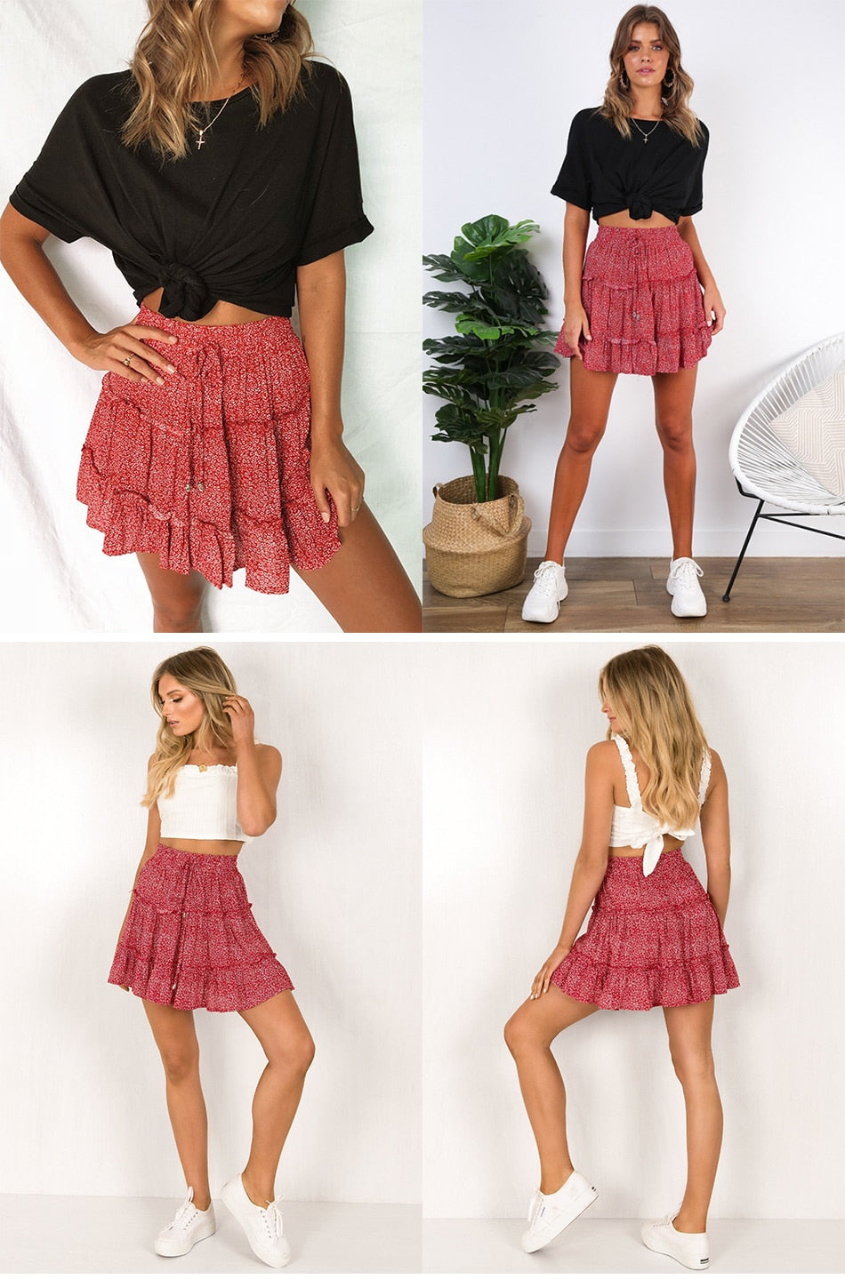 Lossky Skirt Women Floral Print Ruffle Lace-up Pleate Mini Skirt Boho Chi High Waist Short Summer Beach Wooden Ear Skirt Female - SunLify