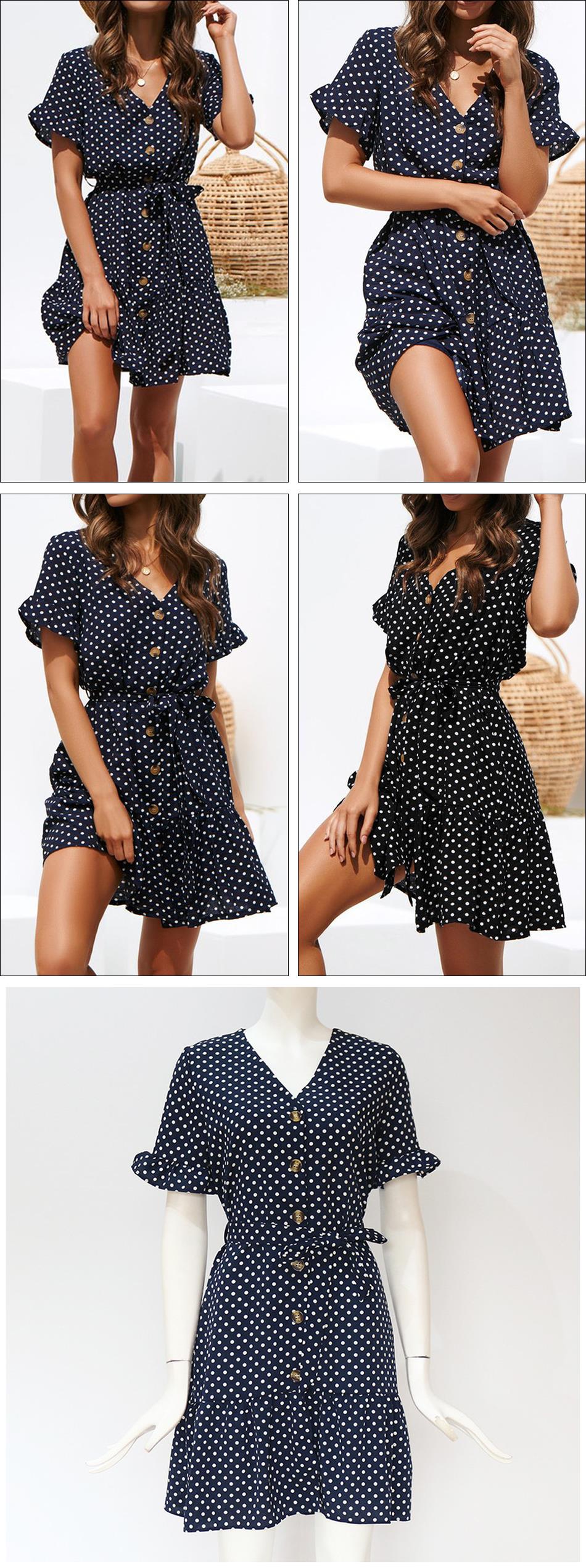 Lossky Women Casual Dress Hot Chiffon Polka Dot Print V-neck Mini Dress Summer Lace Up Button Butterfly Sleeve Dress Plus Size - SunLify