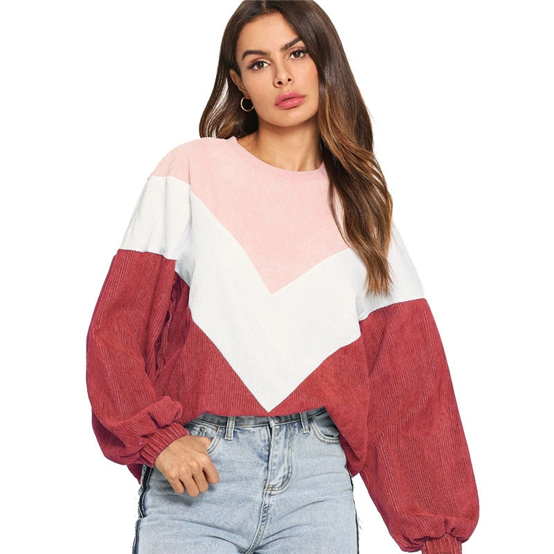 Casual Color Block Sleeve Corduroy Sweatshirt Long Sleeve Pullovers - SunLify