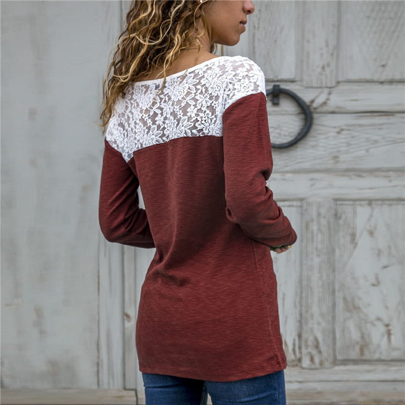 Women Lace Blouse Casual Long Sleeve Tunic O-Neck Patchwork Blouses - SunLify