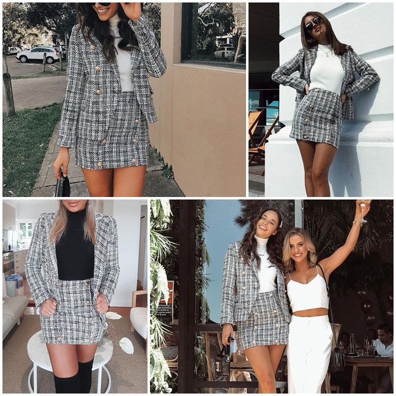 Two-piece plaid tweed women blazer suit Casual streetwear suits - SunLify