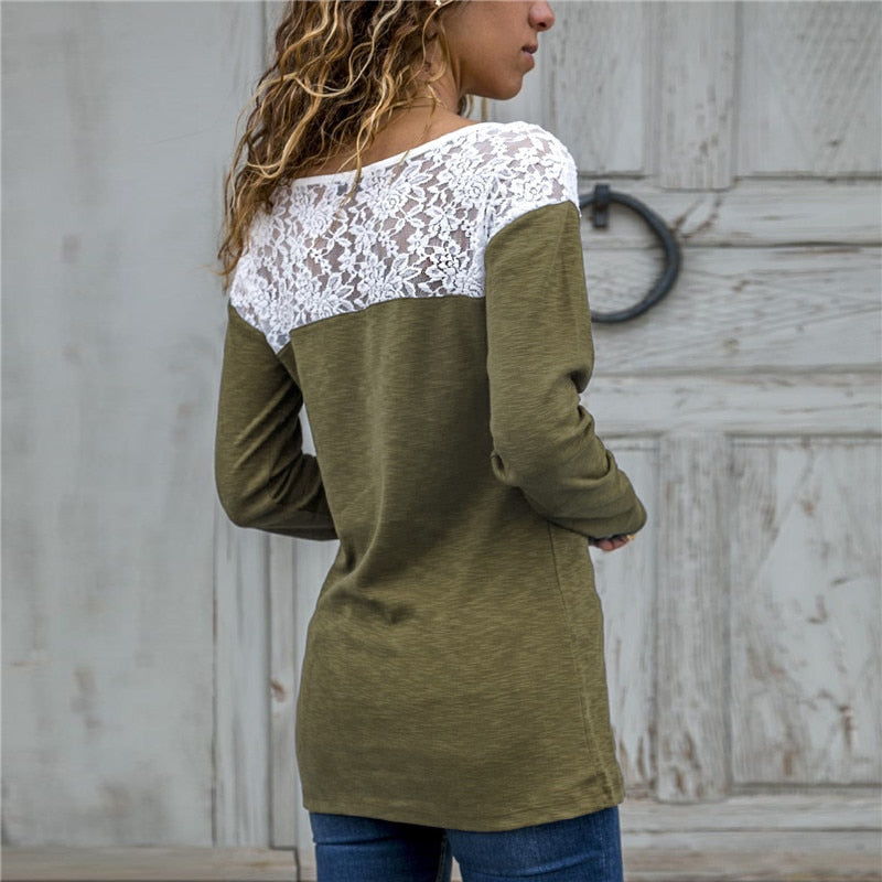 Women Lace Blouse Casual Long Sleeve Tunic O-Neck Patchwork Blouses - SunLify