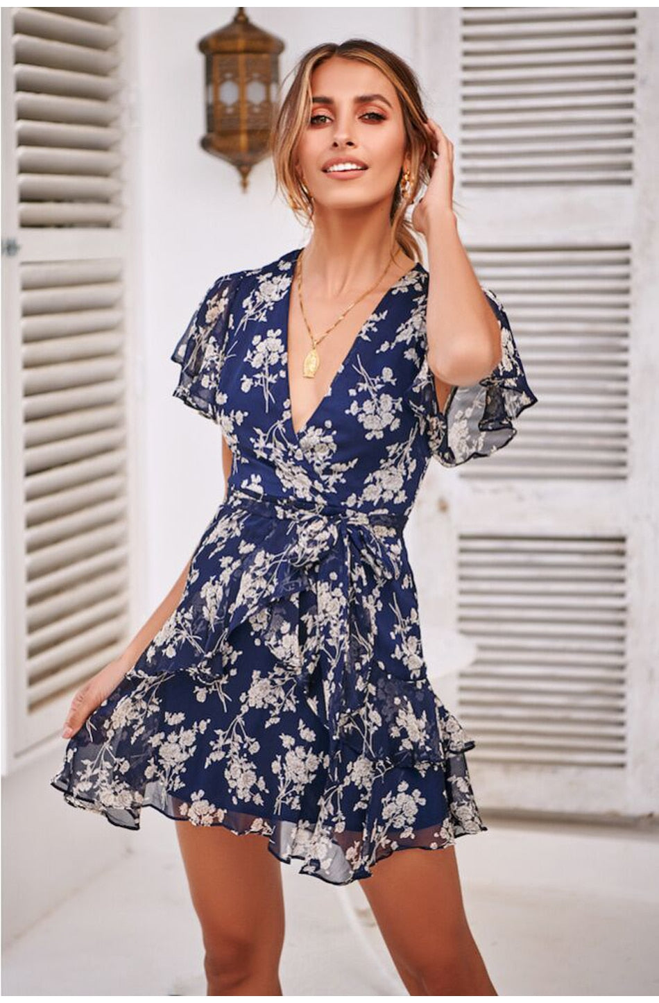 Lossky Women Summer Dress Floral Printed V-neck Short-sleeved Lace-up Short Dresses Mini Butterfly Sleeve Sundress Elegant - SunLify