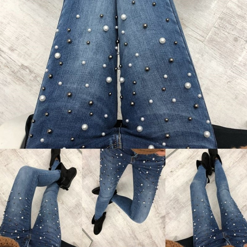 Women blue Jeans Pants Skinny Pearl Beaded black Jeans Summer Spring ladies high waist Zipper Fly Long Denim Casual mom jeans - SunLify