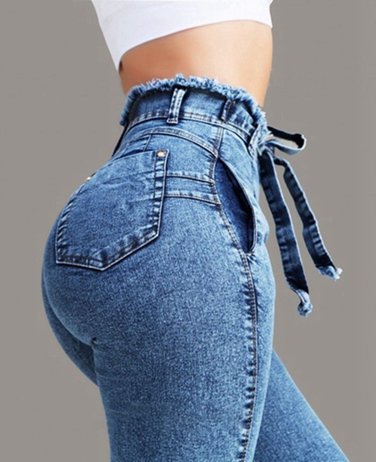 High Waist Jeans For Women Slim Stretch Denim Jean Bodycon Tassel Belt Bandage Skinny Push Up mom jeans ladies boyfriend jeans - SunLify