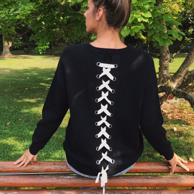 Women Long-sleeve Sweatshirt Round Neck Lace Up Casual Pullover - SunLify