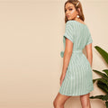 Summer V Neck Vertical Striped Belted Short Sleeve  Women Dresses - SunLify