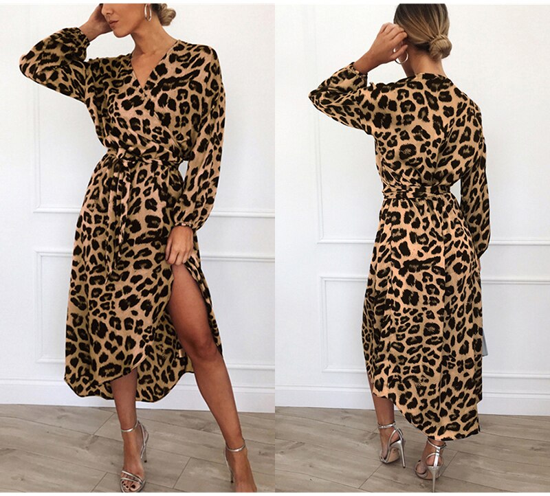 Lossky Women Sexy V Neck Wrap Leopard Printed Slit Long Dress Vintage Elegant Party Dress New Autumn Casual Dress Female Vestido - SunLify