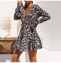 Lossky Leopard Print V-neck Wrap Sleeve Mini Dress Women Plus Size New Short Spring Autumn Gray Lady Dress Elastic Waist - SunLify