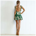 Lossky Summer Women Dress  New Casual A Line Floral Print Sleeveless Lace Up Dress Ladies V Neck Backless Green Mini Dresses - SunLify