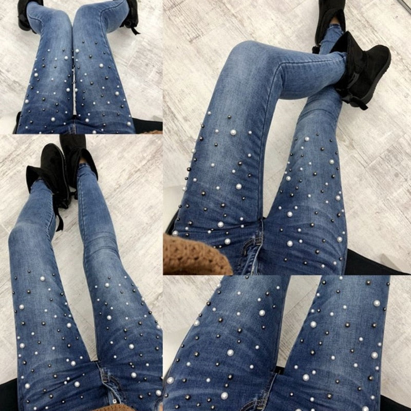 Women blue Jeans Pants Skinny Pearl Beaded black Jeans Summer Spring ladies high waist Zipper Fly Long Denim Casual mom jeans - SunLify