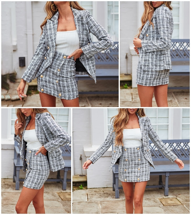 Two-piece plaid tweed women blazer suit Casual streetwear suits - SunLify