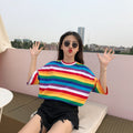 Women Rainbow Striped Tops Summer Short Sleeve Korean Punk T-shirt - SunLify