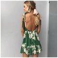 Lossky Summer Women Dress  New Casual A Line Floral Print Sleeveless Lace Up Dress Ladies V Neck Backless Green Mini Dresses - SunLify