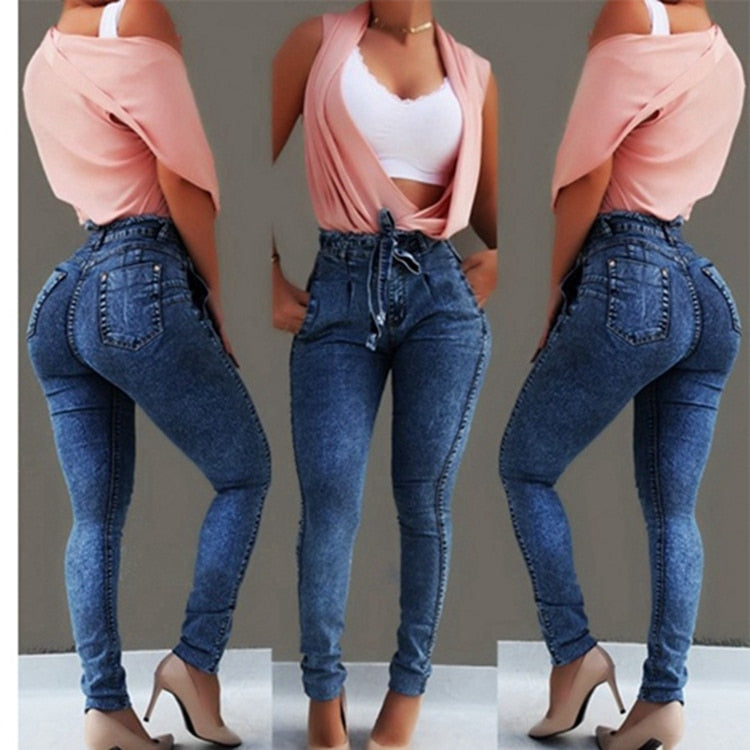 High Waist Jeans For Women Slim Stretch Denim Jean Bodycon Tassel Belt Bandage Skinny Push Up mom jeans ladies boyfriend jeans - SunLify