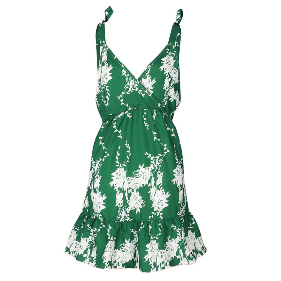 Lossky Summer Women Dress  New Casual A Line Floral Print Sleeveless Lace Up Dress Ladies V Neck Backless Green Mini Dresses - SunLify