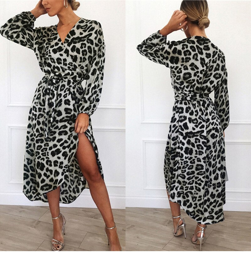 Lossky Women Sexy V Neck Wrap Leopard Printed Slit Long Dress Vintage Elegant Party Dress New Autumn Casual Dress Female Vestido - SunLify