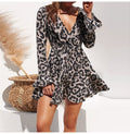 Lossky Leopard Print V-neck Wrap Sleeve Mini Dress Women Plus Size New Short Spring Autumn Gray Lady Dress Elastic Waist - SunLify