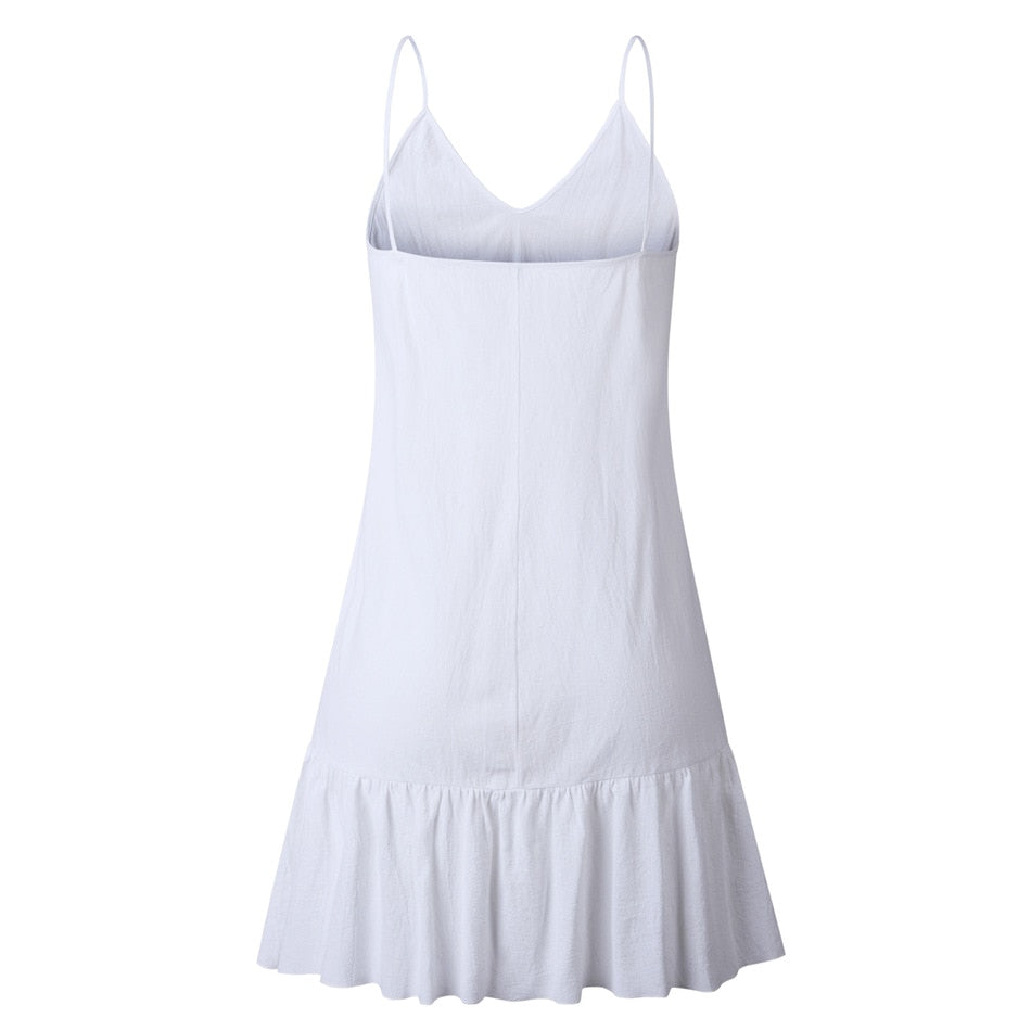 Lossky Loose Summer Dress Cotton Sexy White Halter V-neck Ruffled Women Casual Spaghetti Strap Mini beach clothes for women - SunLify