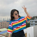 Women Rainbow Striped Tops Summer Short Sleeve Korean Punk T-shirt - SunLify