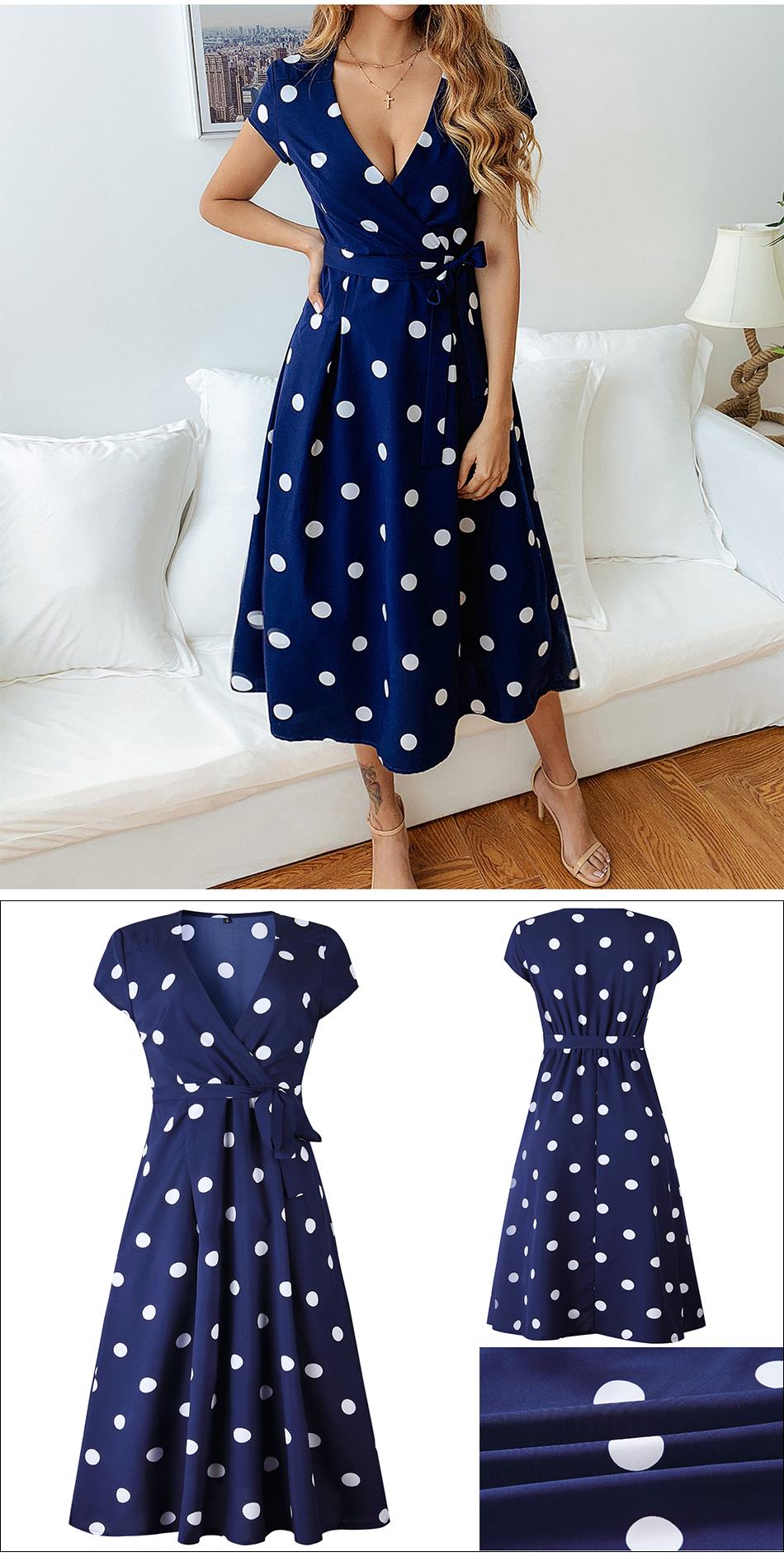 Women Fashion Polka Dot Dress Summer Casual A-Line Party Dresses Sexy V-neck Short Sleeve White Red Long Dress Sashes - SunLify