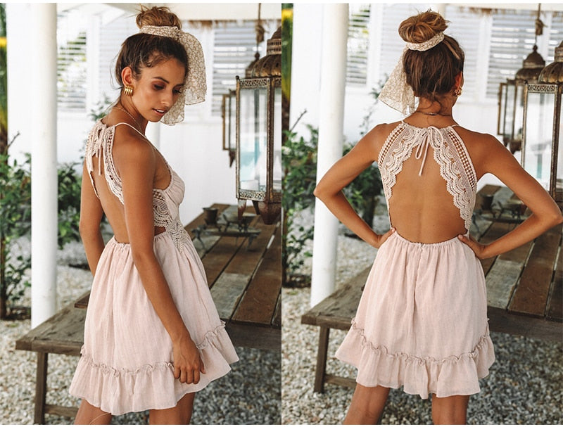 Lossky Women Summer Dress Backless Sleeveless Pleate Deep V Neck Lace Spaghetti Strap Sundress  Casual Short Beach Dress - SunLify